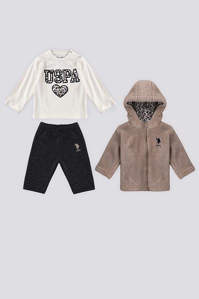 U.S. Polo Assn. طقم أطفال من القطبية بسحاب باللون البيج من يو اس بولو أسن مكون من 3 قطع
