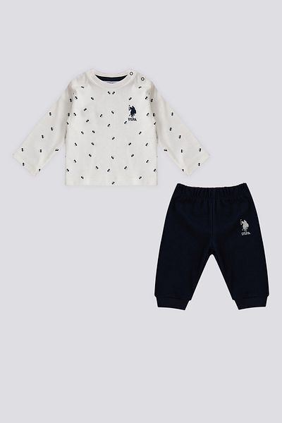 U.S. Polo Assn. طقم أطفال مكون من قطعتين من يو اس بولو أسن كريمي بياقة دائرية ونمط الكرز