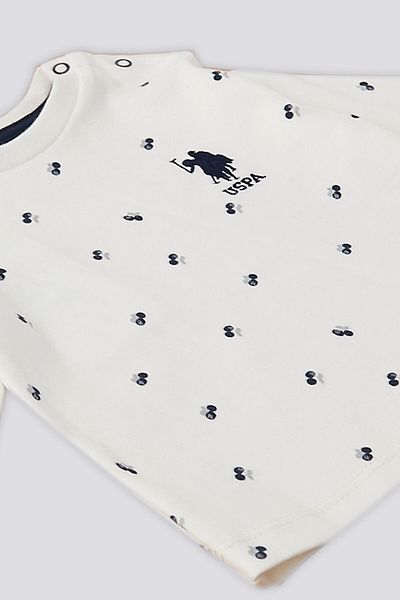 U.S. Polo Assn. طقم أطفال مكون من قطعتين من يو اس بولو أسن كريمي بياقة دائرية ونمط الكرز