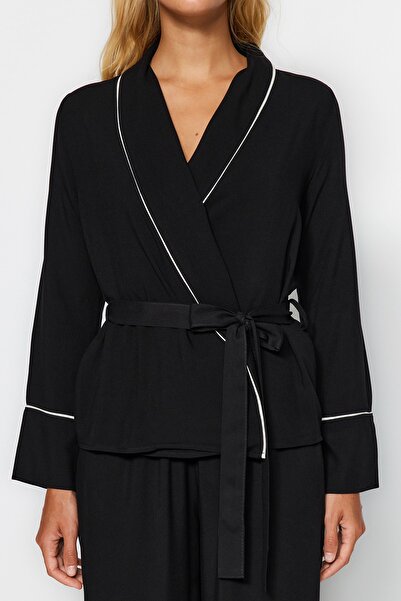 Trendyol Collection Double Breasted Cut Viscose Black Pajamas Set - Belted and Piping Detail Thmaw22pt1109