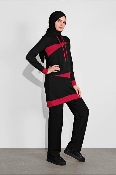 TRENDTESETTÜR Women's Black Hooded Two Color Double Tracksuit Set 2708