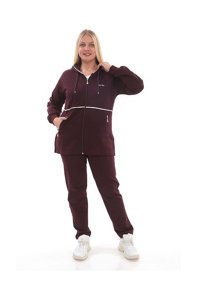 WND SPORT Hooded Stone Detailed Embroidered Classic Leg WND Women's Plus Size Tracksuit Set