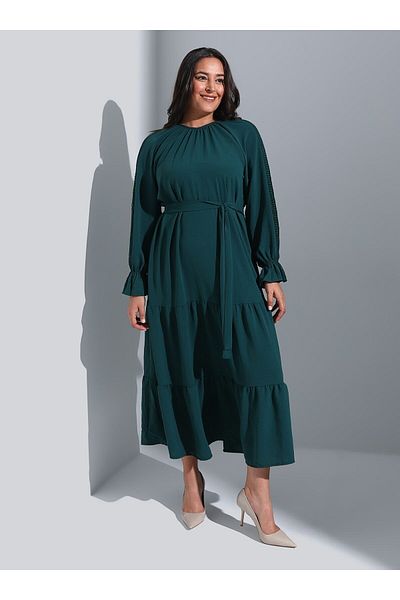 ALİA Embroidery Detailed Plus Size Hijab Dress - Emerald -