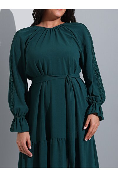 ALİA Embroidery Detailed Plus Size Hijab Dress - Emerald -