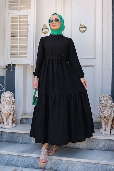 LOCCO Waist Tied Balloon Sleeve Dress Black