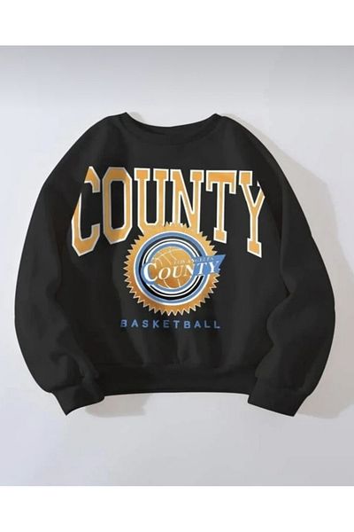 My Blog Black Oversize County Basketball Printed Sweatshirt