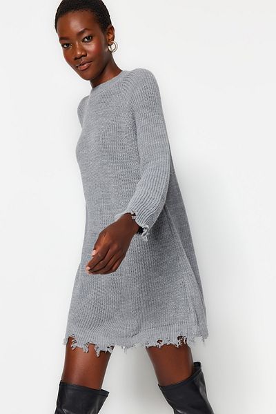 Trendyol Collection Šedé mini úplety Široký střih Splývavé detailní rovné šaty TWOAW24EL00113