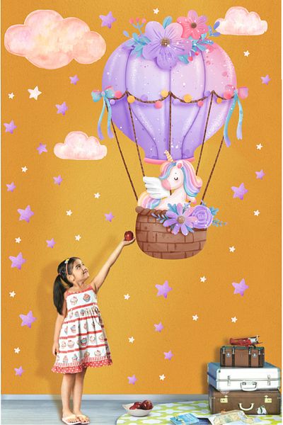 efekt reklam Σετ αυτοκόλλητων αυτοκόλλητων τοίχου Unicorn Flying Balloon Enjoyment για παιδικό δωμάτιο και παιδικό σαλόνι