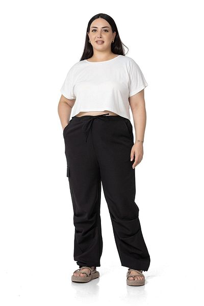 DISENTIS MODEST Large Size Parachute Black Trousers with Cargo Pockets