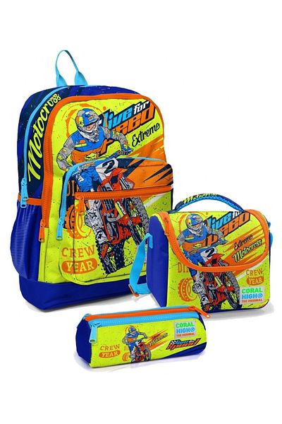 Coral High Primary School Bag Set Yellow Blue Motorcycle - Boy