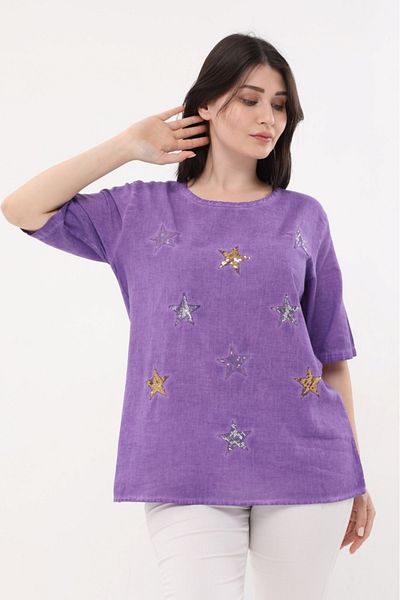 anne moda ankara sparkling star pattern, short sleeve, wide collar, fully stoned washed cotton, stylish localization