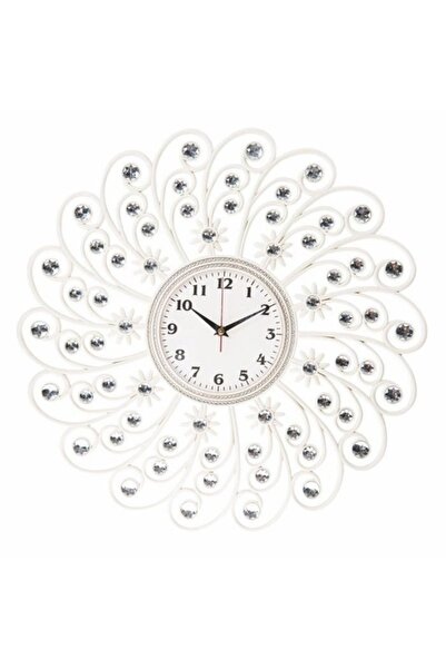 M3DECORİUM Akrilik Döküm Ayna Çok Taşlı Beyaz Ferforje Desenli Duvar Saati