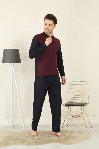Huq Moda Ανδρικό σετ πιτζάμες μακρυμάνικο βαμβακερό ζακάρ Borda