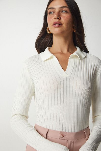 Happiness İstanbul Women's Ecru Polo Collar Ribbed Knitwear Sweater BV00011