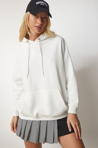 Happiness İstanbul Weißes Basic-Sweatshirt mit Kapuze für Damen SM00153