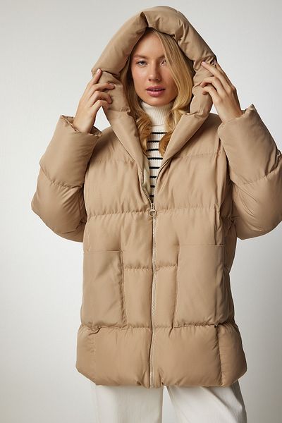 Happiness İstanbul Beige Oversize-Pufferjacke mit Kapuze für Damen HK00026