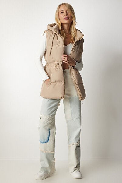 Happiness İstanbul Γυναικείο γιλέκο μπεζ με κουκούλα HK00024