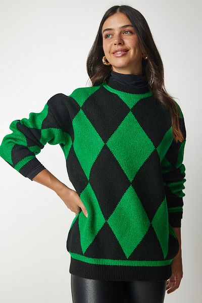 Happiness İstanbul Women's Green Diamond Patterned Oversize Knitwear Sweater YY00161