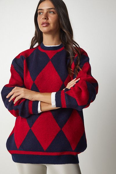 Happiness İstanbul Damski sweter oversize z dzianiny w czerwone romby YY00161