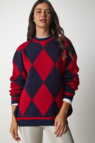 Happiness İstanbul Roter Oversize-Strickpullover mit Rautenmuster für Damen YY00161