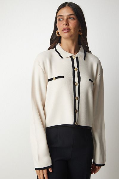 Happiness İstanbul Cremefarbene Strickjacke mit Streifendetail für Damen YY00160