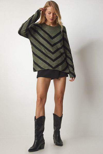 Happiness İstanbul Khakifarbener Strickpullover mit Streifen für Damen NV00061