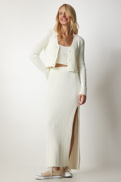 Happiness İstanbul Women's Ecru Cardigan Athlete Skirt Knitwear Set YY00130