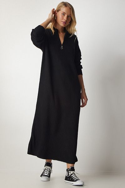 Happiness İstanbul Schwarzes geripptes Oversize-Strickkleid für Damen DD01251