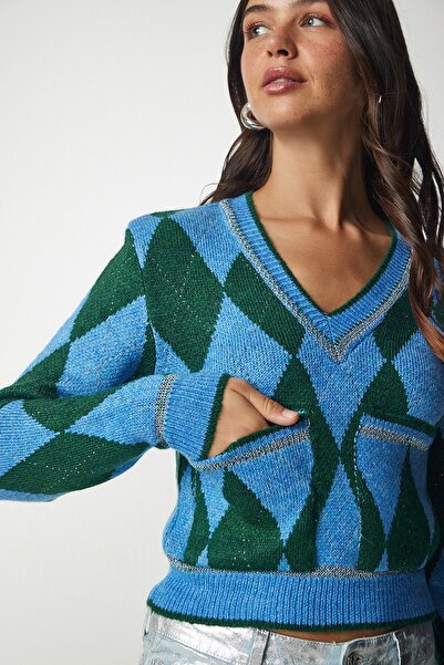 Happiness İstanbul Pulover din tricot cu buzunar cu model baklava albastru verde BV00105