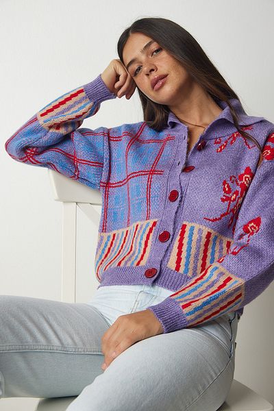 Happiness İstanbul Lilafarbene Strickjacke mit Polokragen und Muster für Damen BV00103
