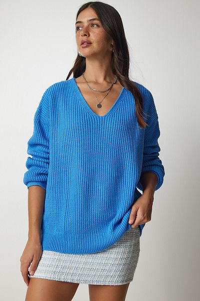 Happiness İstanbul Damski jasnoniebieski sweter oversize z dekoltem w kształcie litery V, z dzianiny basic MX00130