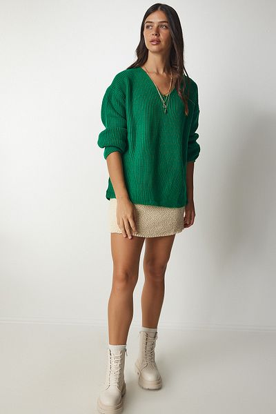 Happiness İstanbul Women's Dark Green V-Neck Oversize Basic Knitwear Sweater MX00130