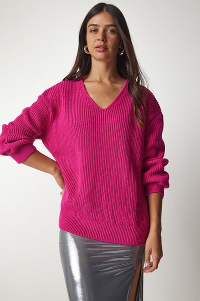 Happiness İstanbul Γυναικείο ροζ V-Neck Oversize Πλεκτό πουλόβερ MX00130