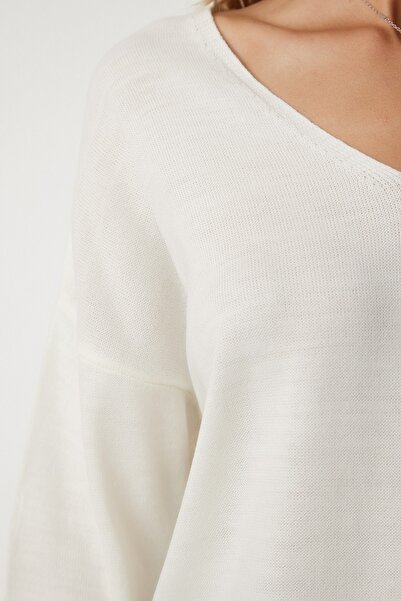 Happiness İstanbul Women's Bone V-Neck Thin Knitwear Sweater PN00078