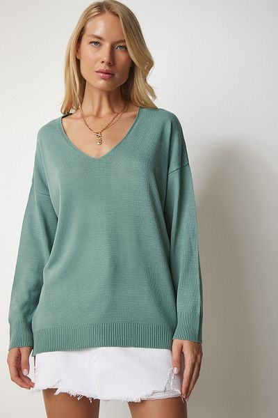 Happiness İstanbul Dünnes Strick-Sweatshirt mit V-Ausschnitt für Damen in Aged Green PN00078