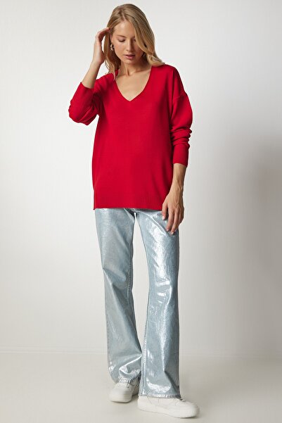 Happiness İstanbul Women's Red V-Neck Thin Knitwear Sweater PN00078