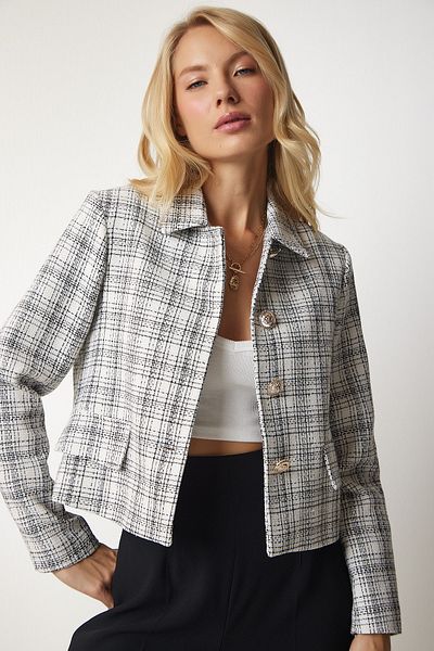 Happiness İstanbul Γυναικείο Tweed τζάκετ με λευκά κουμπιά HG00005