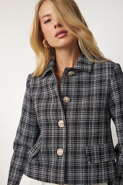 Happiness İstanbul Jachetă neagră de tweed cu nasturi pentru femei HG00005