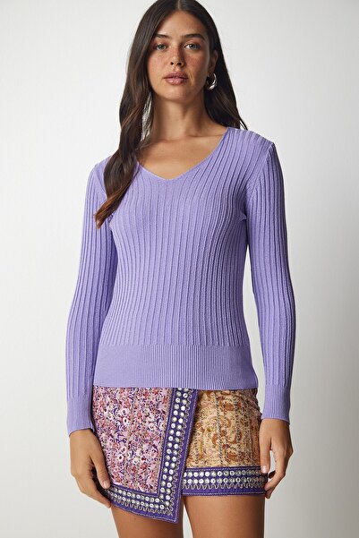Happiness İstanbul Γυναικεία μπλούζα βασική με ραβδώσεις σε λιλά V-λαιμόκοψη BV00096
