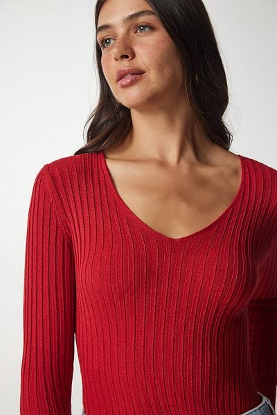 Happiness İstanbul Women's Red V-Neck Ribbed Basic Blouse BV00096