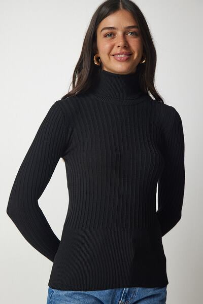 Happiness İstanbul Pulover de bază cu guler negru cu nervuri pentru femei bv00095