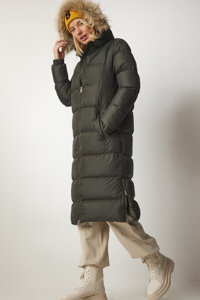 Happiness İstanbul Dámský khaki dlouhý kabát s kapucí VP00001