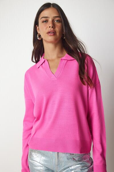 Happiness İstanbul Kadın Fuşya Polo Yaka Basic Kazak bv00094