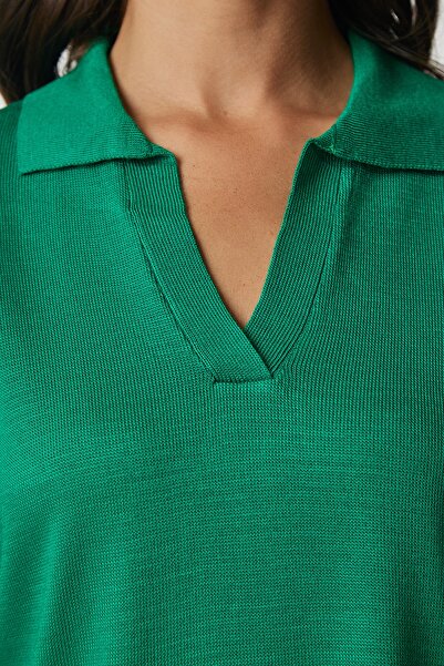 Happiness İstanbul Női sötétzöld polo galléros Basic pulóver bv00094