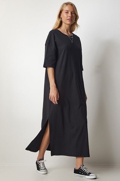 Happiness İstanbul Rochie de damă neagră din bumbac pieptănat zilnic din bumbac UB00119