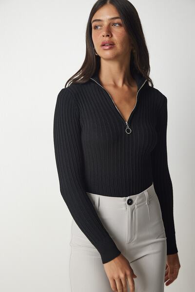 Happiness İstanbul Dámská černá halenka s vysokým límcem na zip s žebrovaným úpletem BV00093