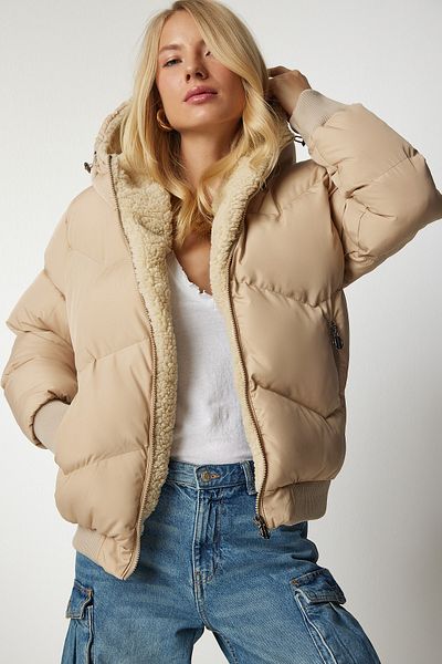Happiness İstanbul Beige Pufferjacke mit Kapuze für Damen VP00006