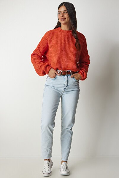Happiness İstanbul Γυναικείο πορτοκαλί μπαλόνι μανίκι Βασικό πλεκτό φούτερ BV00098
