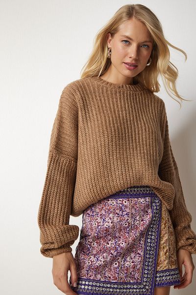 Happiness İstanbul Damen Basic Strickpullover mit Ballonärmeln in Keksform BV00098