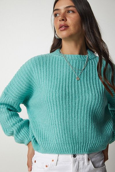 Happiness İstanbul Wassergrünes Damen-Sweatshirt mit Ballonärmeln und Strickmuster BV00098